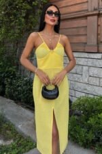 Göğsü Aksesuarlı Önü Yırtmaçlı Elbise 2899 - Görsel 6