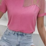 Kadın Kısa Kollu Tül Detaylı Taşlı Janjan Krep Bluz