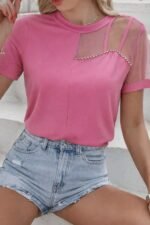 Kadın Kısa Kollu Tül Detaylı Taşlı Janjan Krep Bluz