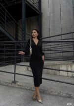 Kadın Kruvaze Yaka Balon Kol Simli Krep Kumaş Midi Boy Elbise - Görsel 3