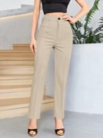 Bordo Renk Yüksek Bel Maskülen Kesim Kumaş Pantolon - Görsel 2