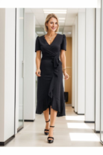 Kadın Kruvaze Yaka Midi Boy Kuşaklı Krep Elbise 120 Cm - Görsel 2