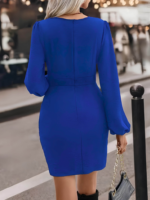 Kadın Uzun Kollu Kruvaze Yaka Yandan Büzgülü Asimetrik Detaylı Ithal Krep Mini Elbise - Görsel 3