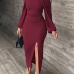 Kadın Uzun Kollu Geometrik Yakalı Yandan Yırtmaçlı Uzun Janjan Krep Elbise