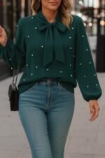 Kadın Uzun Kollu Yakadan Fiyonklu Incili Ithal Krep Bluz - Görsel 4