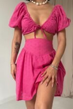 Fuşya Brode Crop Ve Mini Etek Takım - Görsel 3