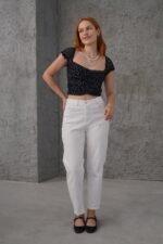 Puantiyeli Belden Oturtmalı Tül Siyah Bluz - Görsel 4