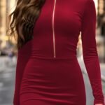 Kadın Uzun Kollu Balıkçı Yaka Yakadan Göğüse Kadar Fermuar Detaylı Mini Kadife Elbise