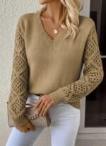 Kadın Uzun Kollu V Yaka Kol Delikli Baklava Desen Detaylı Triko Kazak