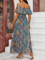 Kadın Kısa Kollu Madonna Yaka Fırfırlı Belden Yırtmaçlı Maksi Süprem Elbise - Görsel 5