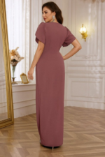 Kadın Kısa Kollu Kruvaze Yakalı Belden çiçek Aksesuarlı Yırtmaçlı Ithal Krep Elbise - Görsel 4