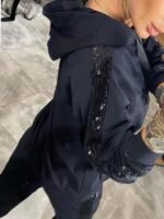 Kadın Uzun Kollu Kapşonlu Pulpayet Detay Viskon Iki Iplik Bluz Ve Pantolon Ikili Takım - Görsel 3