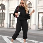 Kadın Uzun Kollu Kapşonlu Viskon Iki Iplik Bluz Ve Pantolon Ikili Takım