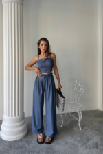 TENCEL CROP ASKILI BLUZ - ŞALVAR PANTOLON TK - İndigo - Görsel 4
