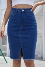 Kadın Yüksek Bel önden Yırtmaçlı Kısa Kot Etek - Görsel 2