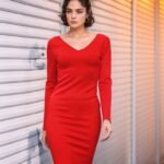 Kadın Uzun Kollu V Yaka Sırt Dekolteli Scuba Dalgıç Kumaş Mini Elbise