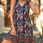 Kadın Askılı V Yakalı Fırfırlı Desenli Süprem Kısa Elbise