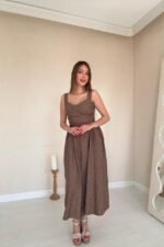 Vizon Yanları Büzgülü Göğüs Kuplu Elbise - Görsel 4