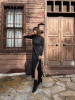 Kadın Uzun Kollu Balıkçı Yaka Derin Yırtmaç Detay Krep Elbise - Görsel 14