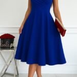 Kadın Ithal Krep Kumaş Kruvaze Yaka Eteği Kloş Kolsuz Mini Elbise