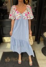 RENKLİ NAKIŞ DESENLİ ELBİSE - Mavi - Görsel 2