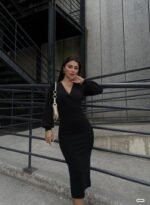 Kadın Uzun Kollu Kruvaze Yaka Büzgü Ve Balon Kol Detay Krep Kumaş Maxi Boy Simli Elbise - Görsel 2