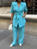 KISA KOL BAĞLAMA DETAYLI CEKET-PANTOLON TAKIM - Mavi - Görsel 4