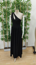 Kadın Omuzlardan Açık Asimetrik Yaka Detaylı Yırtmaçlı Maksi Boy Janjan Krep Elbise - Görsel 8