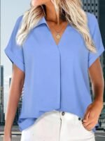 Kadın Kısa Kollu Yakalı Uzun Sandy Bluz - Görsel 7