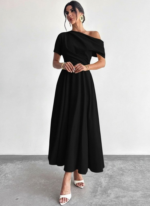 Kadın Omuzdan Açık Kısa Kollu Omuzdan Pileli Uzun Janjan Krep Elbise - Görsel 5