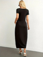 Kadın Kısa Kollu Yakası Yuvarlak Cepli Viskon Elbise - Görsel 4