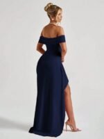 Kadın Madonna Yaka Pileli Derin Yırtmaçlı Uzun Ithal Krep Elbise - Görsel 6