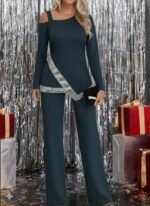 Kadın Tek Omuzdan Açık Uzun Kollu önü Pulpayet Ithal Krep Bluz Ve Pantolon - Görsel 3