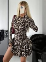 Kadın Uzun Kollu Balıkçı Yaka Fırfırlı Leopar Desenli Modal Elbise - Görsel 5