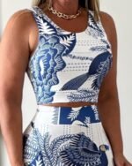 Kadın Sıfır Kollu Yuvarlak Yaka çiçekli Desenli Süprem Crop Ve Yırtmaçlı Etek Ikili Takım - Görsel 2