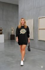 Kadın Uzun Kollu Bisiklet Yaka Yazılı Viskon Iki Iplik Elbise - Görsel 2