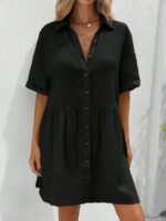 Kadın Kısa Kollu Yakalı önden Düğmeli Kısa Bürümcük Elbise - Görsel 4