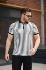 Erkek çizgili Fermuar Yakalı Kısa Kollu Tişört