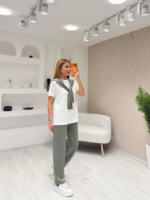 Kadın şal Dahil Bisiklet Yaka Bluz Ve Pantolon üçlü Takım - Görsel 2