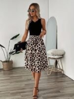 Kadın Askılı Yuvarlak Yakalı Viskon Bluz Ve Leopar Desenli önü Düğmeli Midi Etek Ikili Takım
