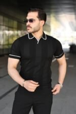 Erkek Dokulu Desen Yakalı Kısa Kollu Tişört