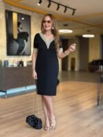 Kadın Kısa Kollu V Dantel Yaka Viskon Iki Iplik Elbise - Görsel 3