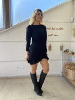 Kadın Uzun Kollu Bisiklet Yaka önden Volanlı Ithal Krep Elbise - Görsel 8