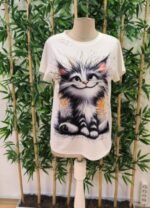 Kadın Kısa Kollu Bisiklet Yaka Kedi Baskılı Süprem Bluz - Görsel 3