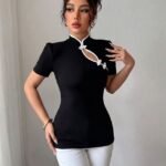 Kadın Beyaz şerit Detaylı Dar Kesim Dik Yaka Bluz