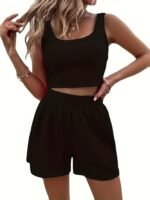 Kadın Askılı Yuvarlak Yakalı Burgu Krop Ve Bluz Short Ikili Takım - Görsel 2