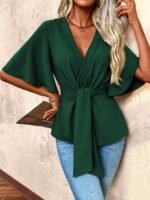 Kadın Kısa Kollu Kruvaze Yakalı Belden Bağcıklı Aerobin Bluz