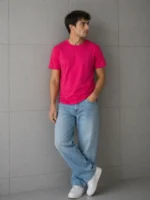 Erkek Basic Pamuklu Tişört Bisiklet Yaka Düz Renk Regular Fit T-Shirt - Fuşya - Görsel 2