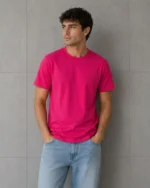 Erkek Basic Pamuklu Tişört Bisiklet Yaka Düz Renk Regular Fit T-Shirt - Fuşya - Görsel 4