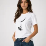 Astronot Ay Temalı Tişört Kısa Kol Yazlık Bisiklet Yaka T-Shirt - Beyaz